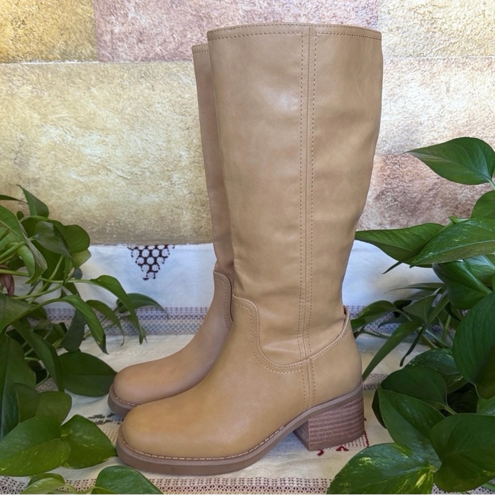 NEW Joie Women’s Sawyer Faux Leather Tan/Beige Knee-High Heeled Boots, Size 8M